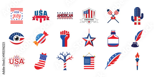 Independence day vector design set. USA 4Th of July graphic elements collection on white background