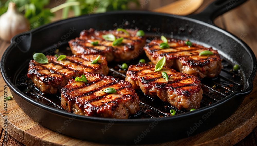 Succulent skillet steak sizzling in rustic kitchen, culinary delight Succulent skillet steak sizzling in rustic kitchen, culinary delight