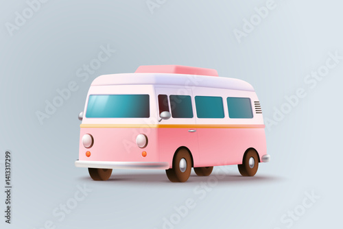 Vector illustration of vintage pink camper van with white roof. Pink beach minibus isolated on light background. Classic retro vehicle with rounded design. 3D style. Road trips, summer vacations.