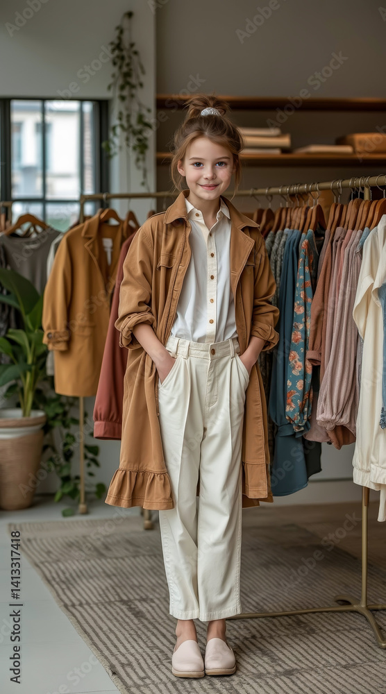 stylish young girl confidently poses in a brown overshirt and pants within a clothing boutique