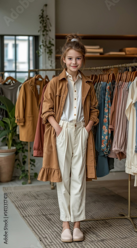 Obraz na płótnie stylish young girl confidently poses in a brown overshirt and pants within a clothing boutique w salonie