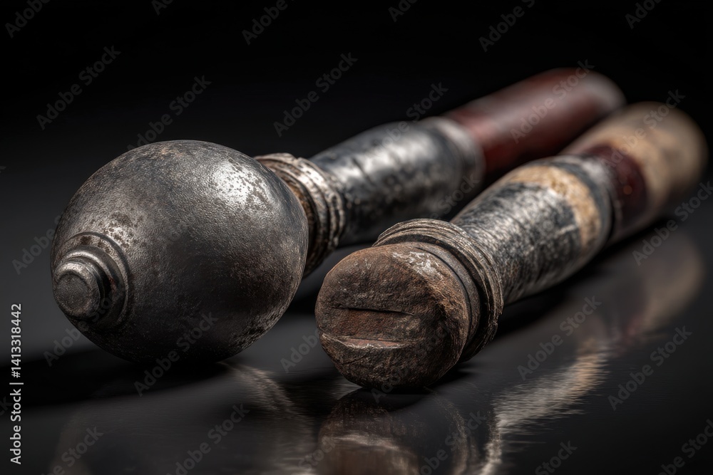 Obraz premium Close-up of two old, worn maces with rusted metal heads and wooden handles, on a reflective surface, suggesting age, history, and medieval weaponry, creating a dark, moody atmosphere.