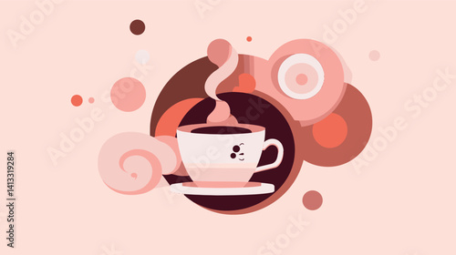 Cute abstract coffee cup with steam and swirls in warm tones flat vector illustration