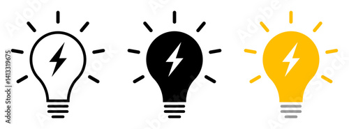 Electric light bulb icon set with lightning bolt outline, solid, and yellow flat style. Concept for energy, power, electricity, innovation, and smart technology in vector format.