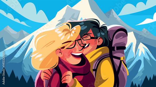 Animated couple embracing in winter gear near mountains flat vector illustration
