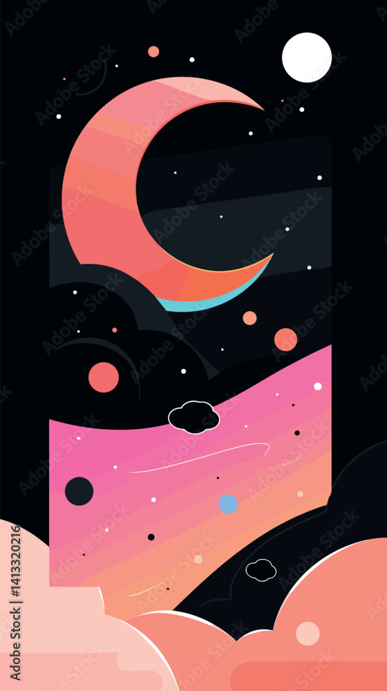 Fototapeta premium Abstract night sky with crescent moon and colorful cloud patterns flat vector illustration