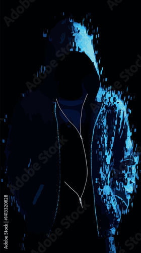 Mysterious hooded figure in digital disintegration effect flat vector illustration