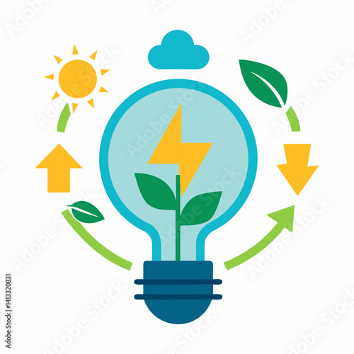 Sustainable energy concept illustration depicting renewable sources with lightbulb design