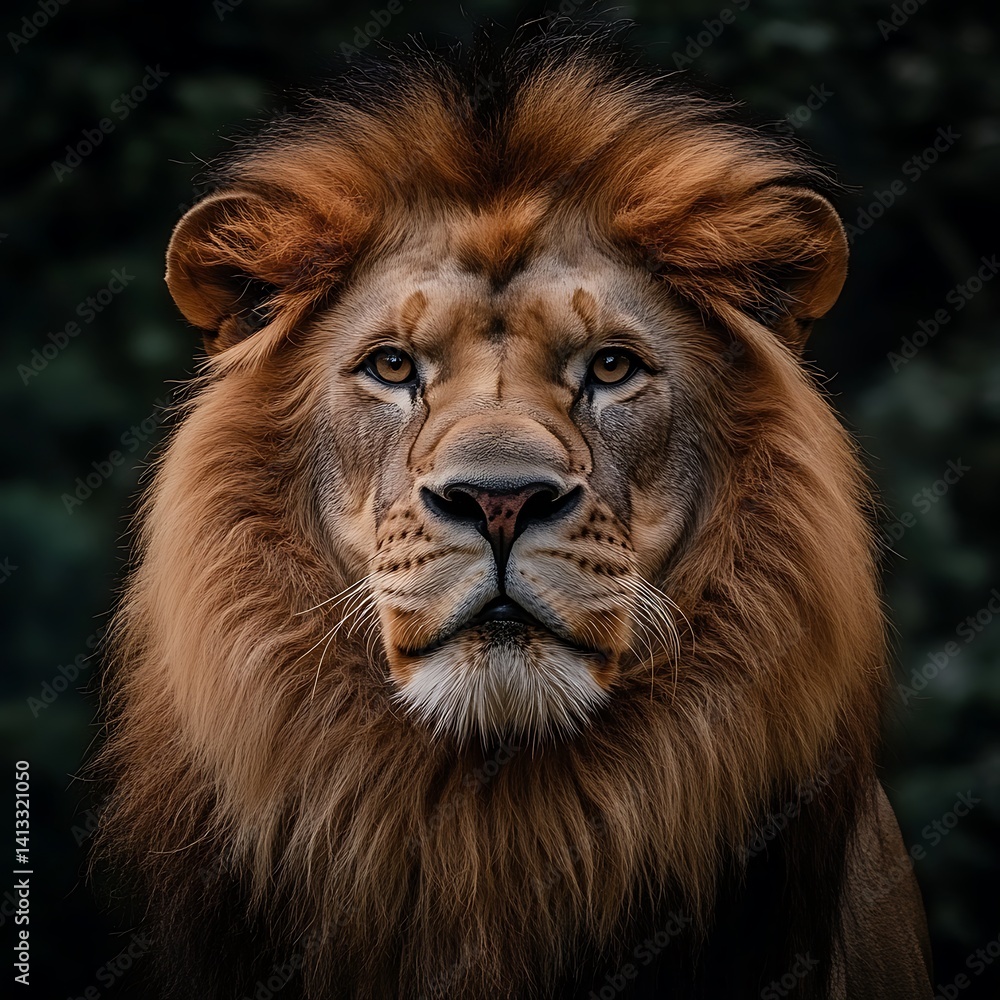 Naklejka premium Colorful lion with multi colored mane against dark jungle backdrop high resolution picture