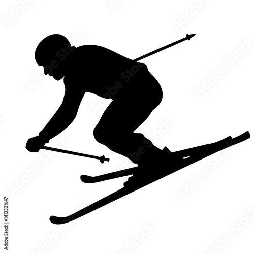 One skier racing downhill isolated on white background