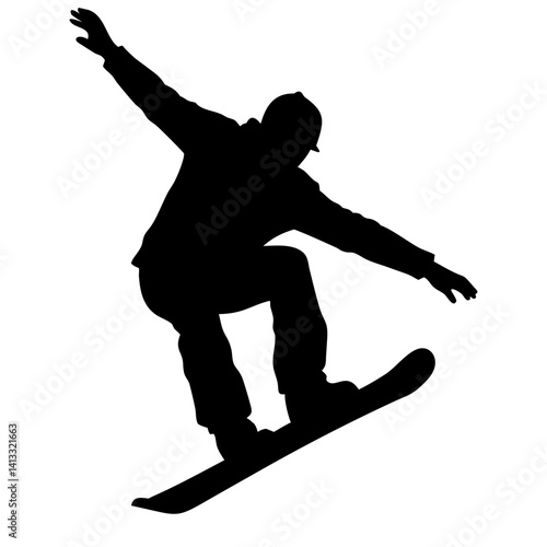 One snowboarder performing a jump isolated on white background