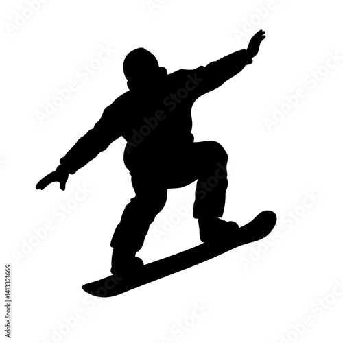 One snowboarder performing a jump isolated on white background