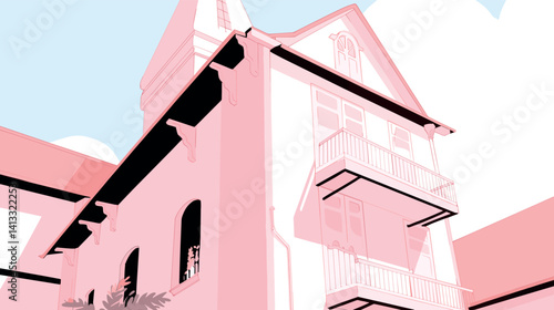 Pink architectural building with balconies and decorative elements flat vector illustration