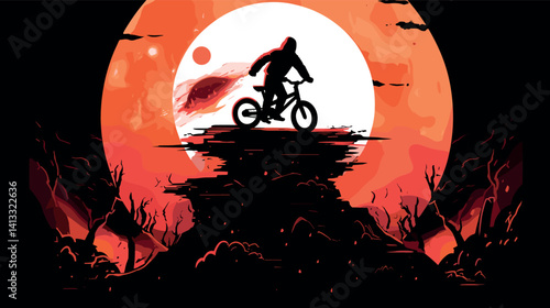 Silhouette of cyclist on mountain summit against fiery sky at sunset flat vector illustration