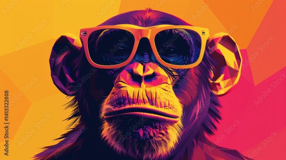 Fototapeta premium Stylized chimpanzee portrait with faceted geometric design wearing sunglasses on a solid orange background