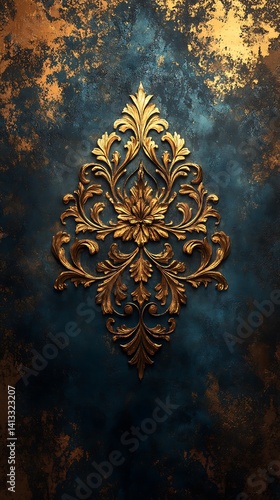 Gold Filigree Phone Wallpaper – Intricate Design on Blue & Gold Textured Background | Vertical HD Mobile Art

