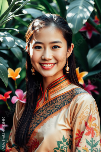 Obraz na płótnie Smiling Woman in Traditional Asian Dress w salonie