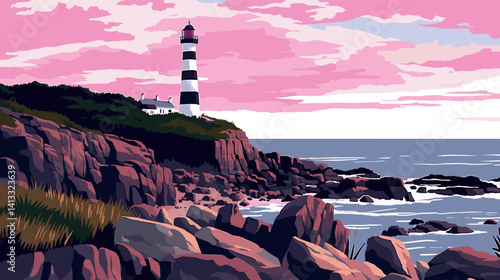 Striped lighthouse on rocky coast at sunset with pink sky flat vector illustration