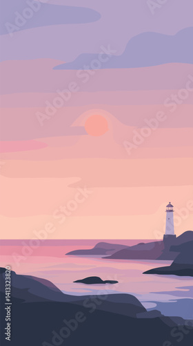 Serene sunset over rocky coast with lighthouse and calm sea reflection flat vector illustration