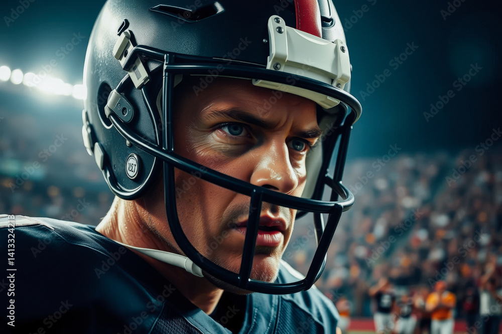 Focused American Football Player in Helmet
