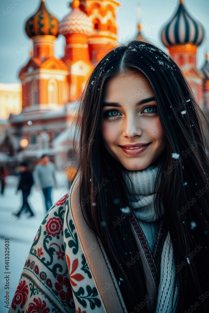 Smiling Girl in Winter in Red Square