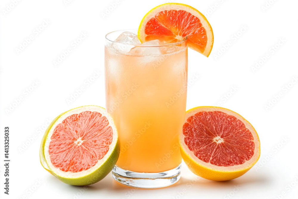 Refreshing Grapefruit Juice in Glass with Ice and Grapefruit Slices Refreshing Grapefruit Juice in Glass with Ice and Grapefruit Slices