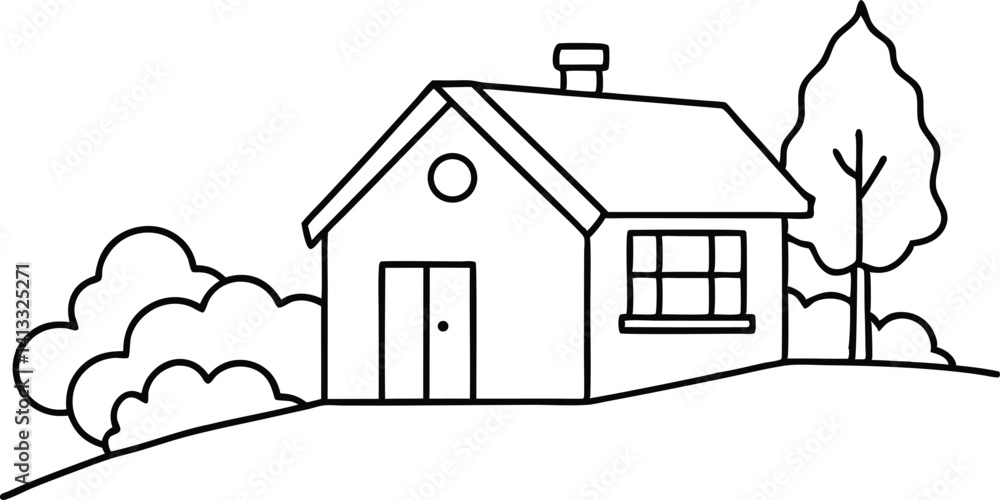Black and white sketch of a house with trees and clouds, vector illustration. Black and white sketch of a house with trees and clouds, vector illustration.