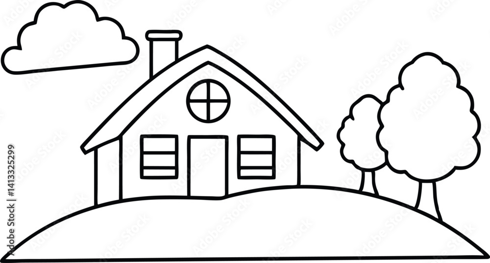 Black and white sketch of a house with trees and clouds, vector illustration. Black and white sketch of a house with trees and clouds, vector illustration.