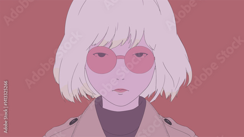 Modern anime style illustration of female character with pink glasses flat vector illustration