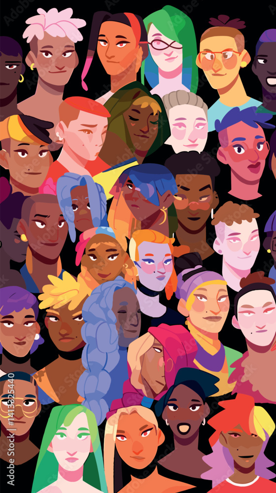 Diverse group of cartoon characters with various hairstyles and colors flat vector illustration Diverse group of cartoon characters with various hairstyles and colors flat vector illustration