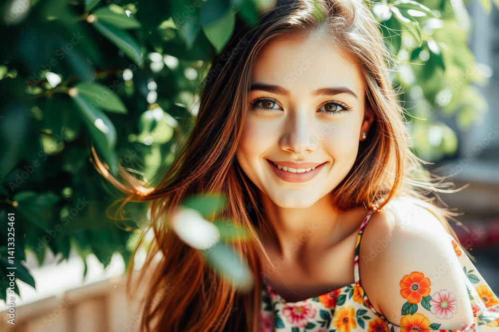 Smiling Teen Girl Underneath Lush Green Tree