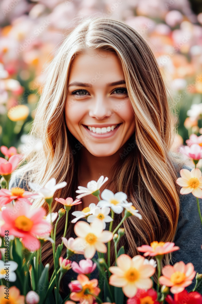 Smiling Woman Surrounded by Flowers