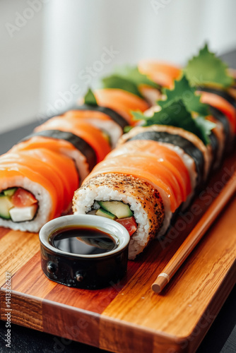 Obraz na płótnie Assorted Sushi Rolls with Soy Sauce w salonie