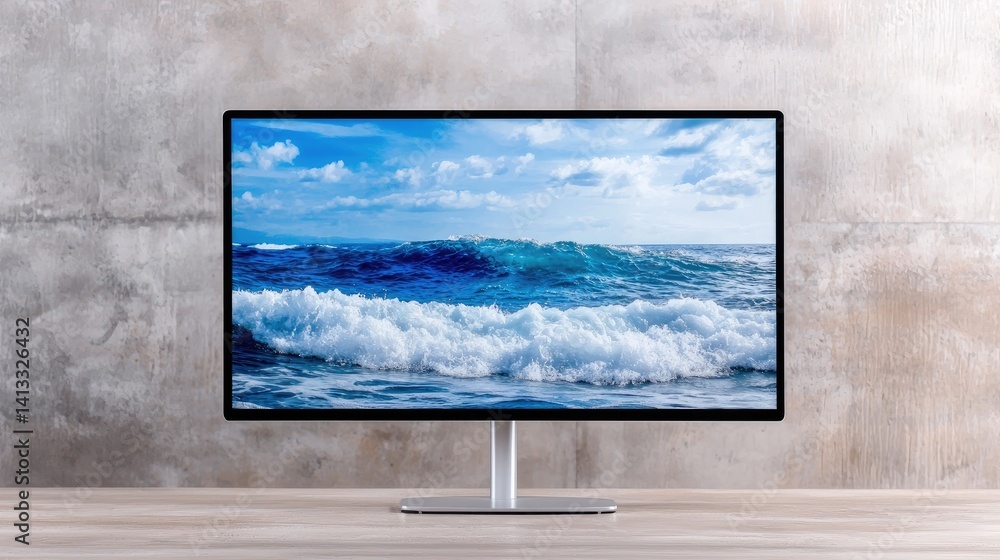 Fototapeta premium Modern computer monitor displaying ocean waves high resolution image