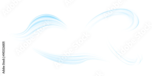 Air flow set of vector elements on a white background. Abstract light effect blowing from an air conditioner, purifier or humidifier. Dynamic blurred flow motion