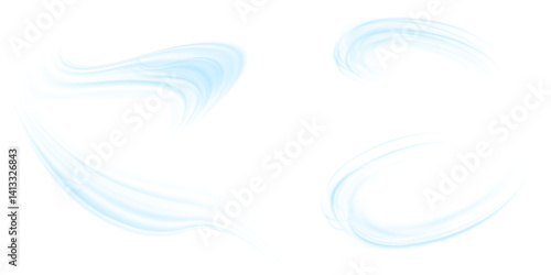 Air flow set of vector elements on a white background. Abstract light effect blowing from an air conditioner, purifier or humidifier. Dynamic blurred flow motion