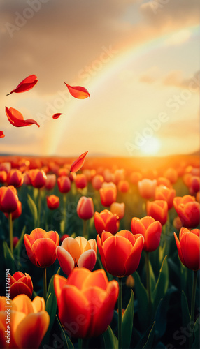 Sunset Tulip Field with Flying Petals
