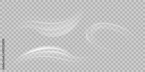 Air flow set of vector elements on a white background. Abstract light effect blowing from an air conditioner, purifier or humidifier. Dynamic blurred flow motion.