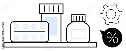 Medicine bottles, pill blister pack on a shelf, gear icon, percentage symbol signifying discounts, optimization. Ideal for healthcare, pharmacy, medicine, technology treatment cost savings