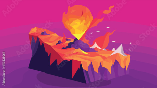 Geometric volcanic eruption with lava and mountains in abstract style flat vector illustration