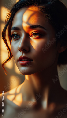 Obraz na płótnie Golden Light Illuminates a Beautiful Woman's Face w salonie