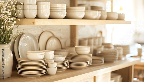 decorative tableware on the shelf in the kitchen, closeup