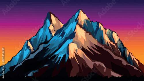 Colorful mountain peaks at sunset with dramatic sky flat vector illustration