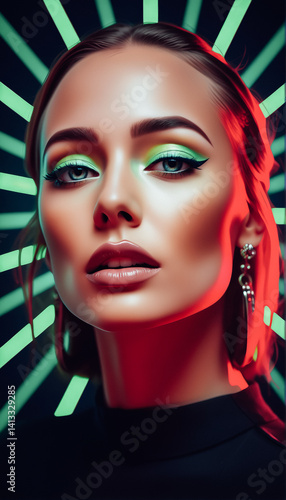Obraz na płótnie Cyberpunk Woman with Neon Makeup and Lighting w salonie