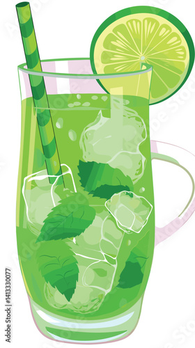 Refreshing green limeade with ice and mint leaves in a glass flat vector illustration