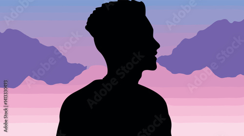 Silhouette of a young male against a vibrant purple and pink mountainous sunset flat vector illustration