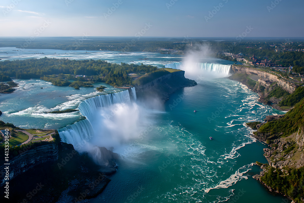Beautiful panorama featuring iconic waterfall, misty environment, and scenic landscapes