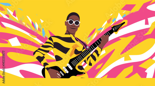 African male guitarist in vibrant abstract background flat vector illustration