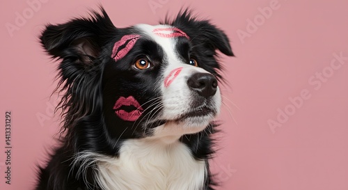 A black and white dog with pink lipstick kisses on its face, against a pink background. It looks pampered