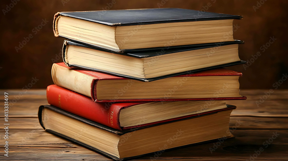 Stack of hardcover books on a wooden table with a vintage aesthetic Stack of hardcover books on a wooden table with a vintage aesthetic